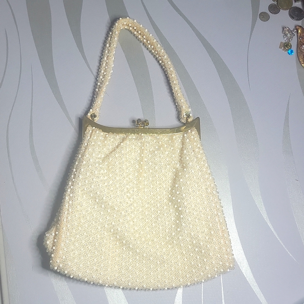 Vtg, Corde Bead By Lumered Folding Seed Bead 50's Clutch With Kiss Clasp